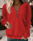 Women's Long Sleeve Solid Color And V-neck Zipper T-shirt