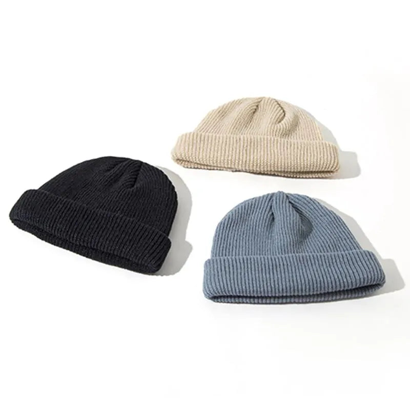 Unisex Winter Ribbed Knitted Cuffed Short Melon Cap