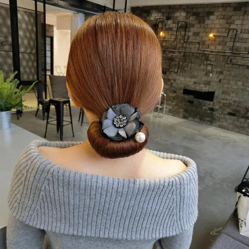 Elegant Rhinestone Flower Pearls Hair Curls Bun Maker