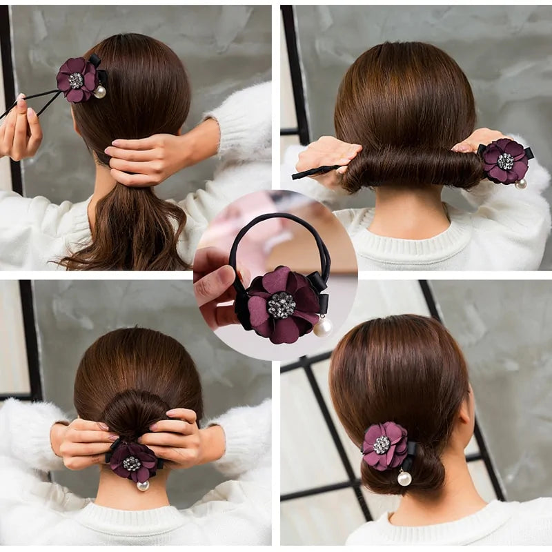 Elegant Rhinestone Flower Pearls Hair Curls Bun Maker